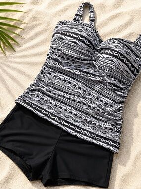 B2PRITY Black White Tribal Print Tankini Swimsuit Set XL Padded Tummy Control